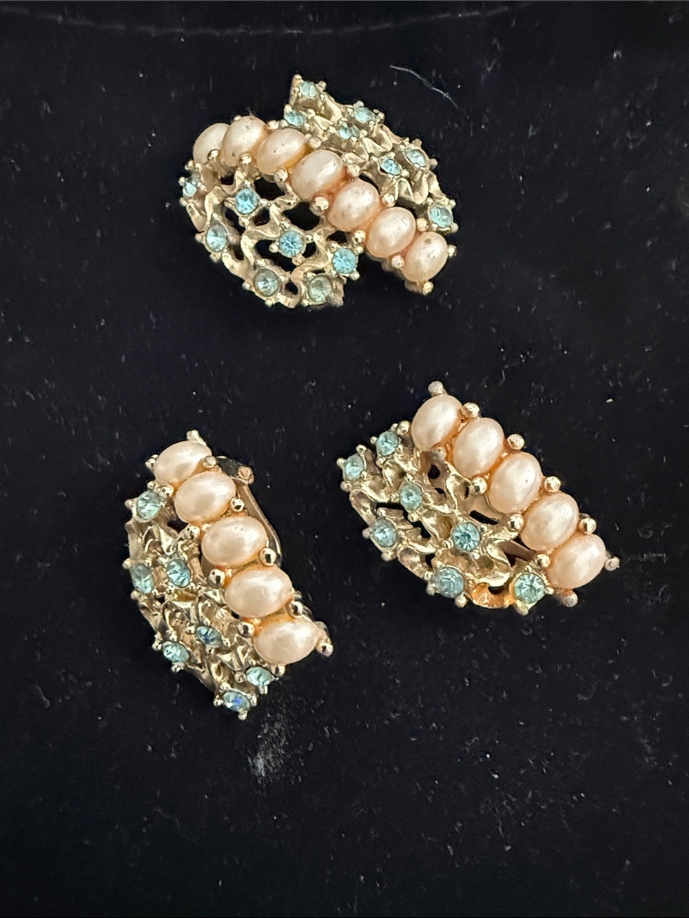 Gold-Tone Faux Pearl and Aqua Crystal Women Earrings - Unbranded